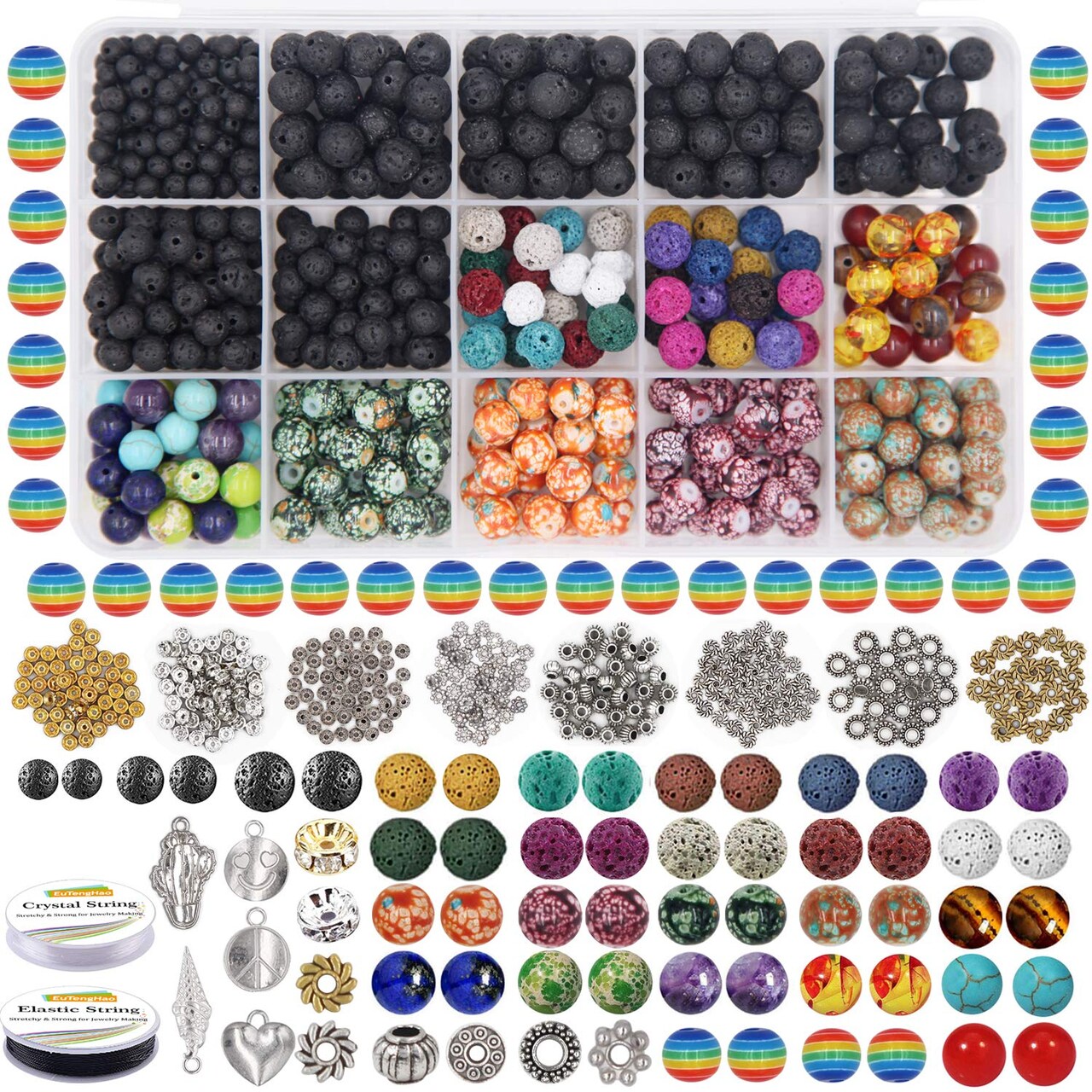702Pcs Lava Beads Stone Rock Beads Rainbow Striped Beads Kit with Chakra Beads Cloisonne Beads Spacer Beads Bracelet String Cord for Diffuser Essential Oils Adult Jewelry Making Supplies